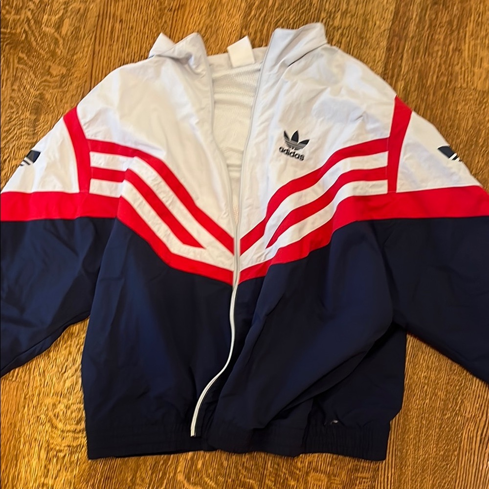 Adidas Red and White Raincoat with Chevron Design